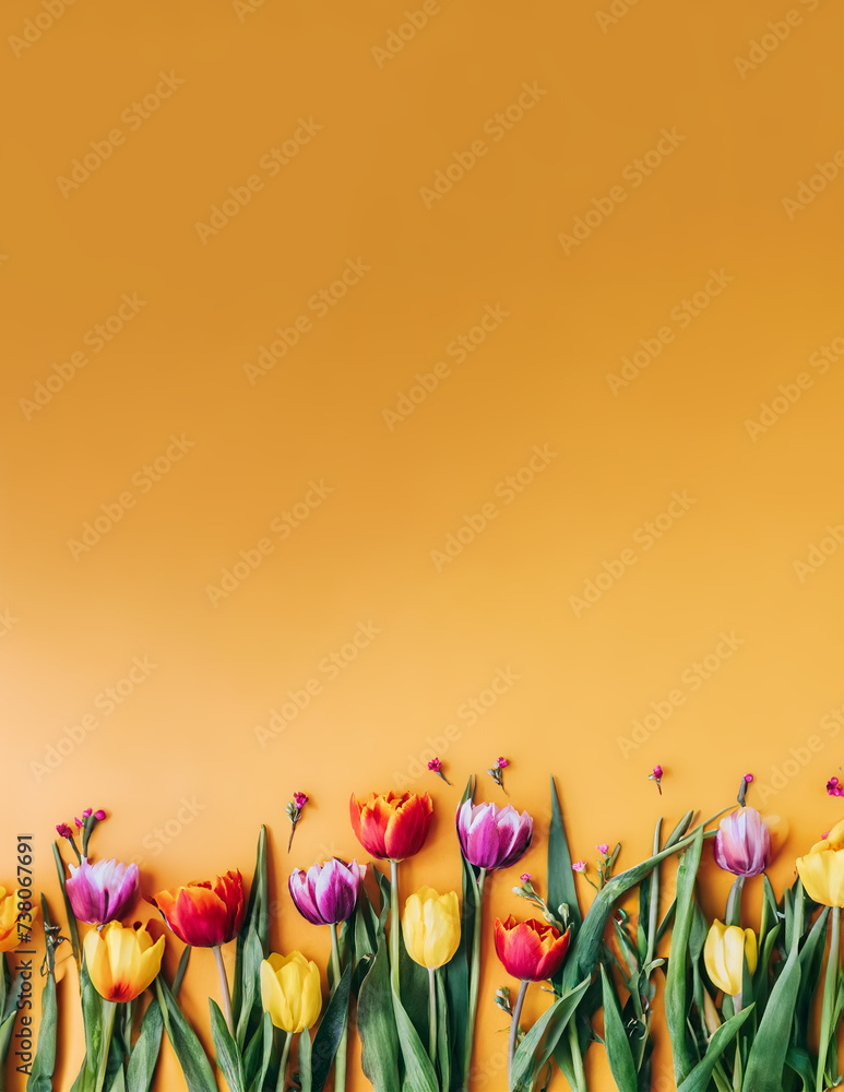 Colorful Wild Flowers, Flat Lay, Yellow Background, Space for Text