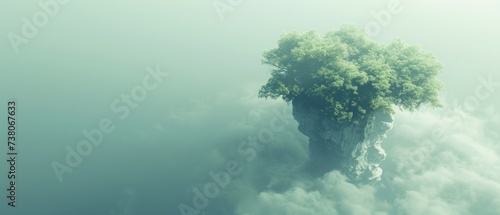 there is a tree growing out of the top of a rock in the middle of a foggy area of the sky. © Jevjenijs