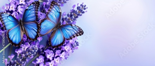 three blue butterflies sitting on top of a bunch of purple flowers in front of a blue and white blurry background. photo