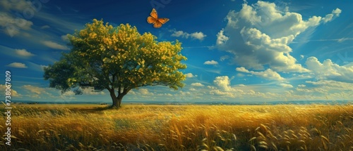 a painting of a tree in the middle of a field with a butterfly flying over the top of the tree.