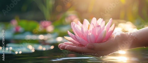 a close up of a person holding a pink flower in a body of water with lily pads in the background. photo