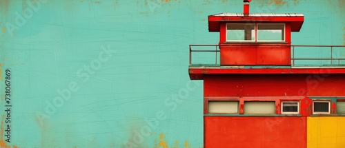 a red, yellow, and green building with a clock on the top of it and a blue wall behind it. photo