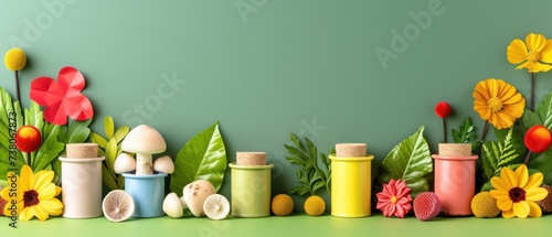 a group of different colored vases sitting next to each other on a green surface with flowers, leaves, and mushrooms. photo