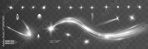 Light white wave and spotlight shine effect,glow line sparkle shine. Silver white wavy effects. 