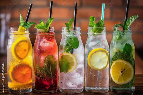 Close-up of a vibrant lineup of fruit cocktails with mint and citrus slices, served in modern mason jars