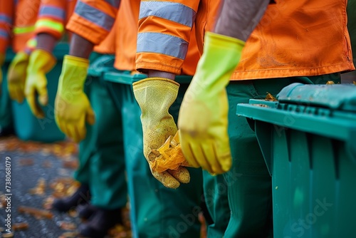Close-up of sanitation worker hands in green gloves, preparing garbage bins for collection photo