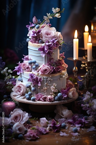 floral themed cake adorned with edible flowers and intricate icing designs; dessert photography; best for banners, flyer, and poster