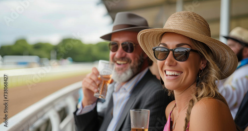 Friends in stylish casual wear enjoying a day out at a horse racing event, sharing smiles and drinks