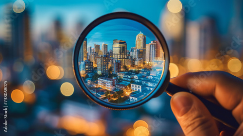 Hand holding a magnifying glass showing a cityscape with houses and building - looking to buy a house illustration concept
 photo