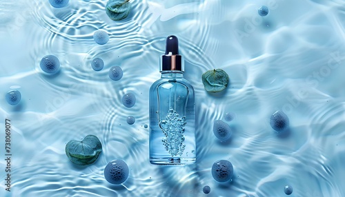 skincare serum in water as a concept for skin hydration and nourishment. Anti-aging skin serum in a glass bottle with peptides, retinol, hyaluronic acid and other antioxidants to boost skin barrier photo