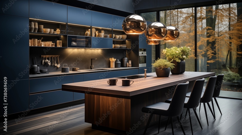 Sleek Dark Blue and White Kitchen Design