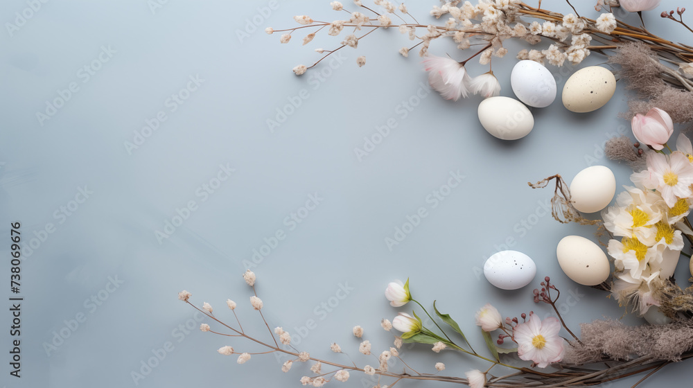 Minimalistyczne jasne tło na życzenia Wielkanocne. Alleluja - Wesołych świąt Wielkiej Nocy. Jajka, kwiaty i inne wiosenne dekoracje. - obrazy, fototapety, plakaty 