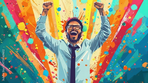 business man jumping with joy on colorful background, success concept illustration