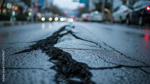 In a busy city street, there is a road with a long crack, depicting the effects of an earthquake. The background appears blurry 