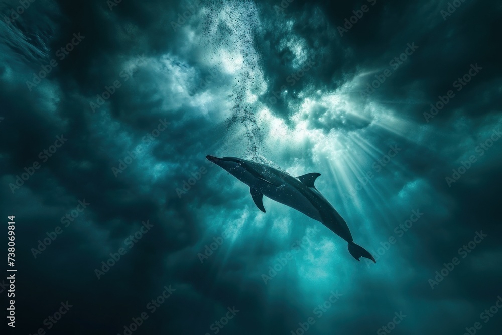 Obraz premium Whale swims underwater and sunlight filtering through water. 