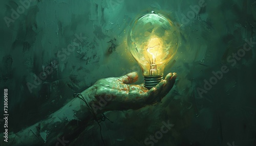 Inspiration in Grasp, the power of inspiration with an image of arm fingers clasping a glowing light bulb, AI photo