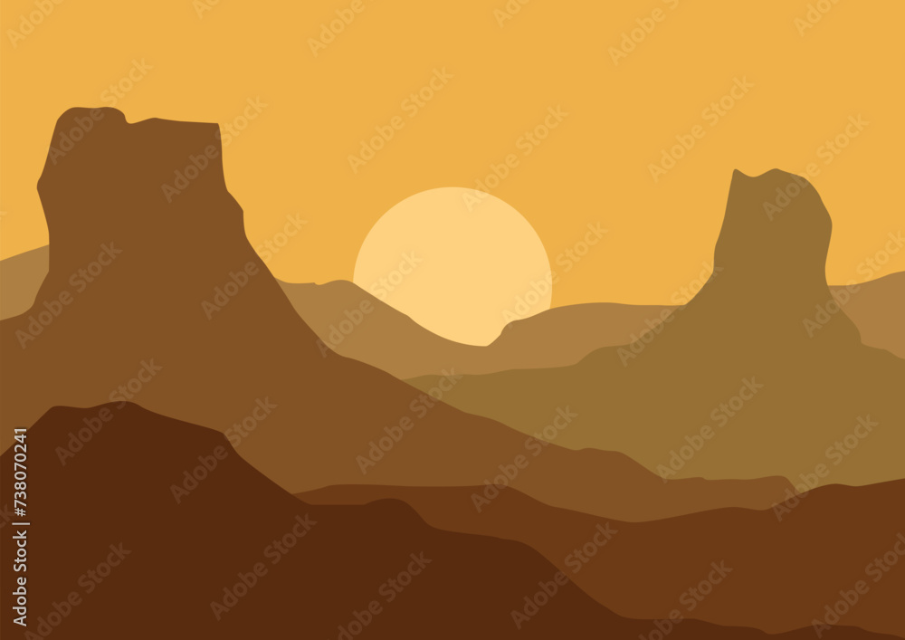 Panoramic view of the Sahara desert landscape. Vector illustration in flat style.