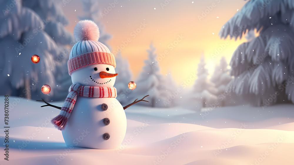 Obraz premium Romantic encounter between snowman and Christmas snowflakes