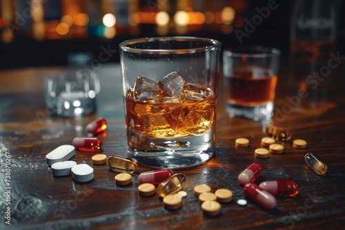 A vivid representation of a whiskey glass with ice surrounded by loose tablets, portraying the hazardous combination