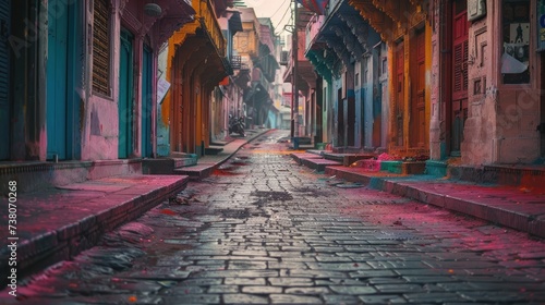 The empty streets were bathed in the soft morning light, their surfaces adorned with the bright colors of the Holi festival.