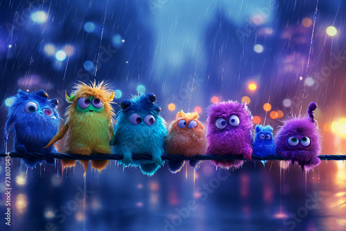 A group of cute colorful alien monsters stuck together under the heavy rain in the city. A rainy night with fog	
