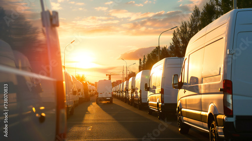 Row of parked white commercial delivery vans transport. A transportation company, delivering goods in the city. Space for text