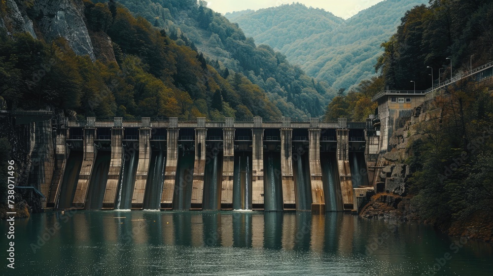 The steady flow of water from the hydroelectric dam combines with the serene beauty of the forested mountains.