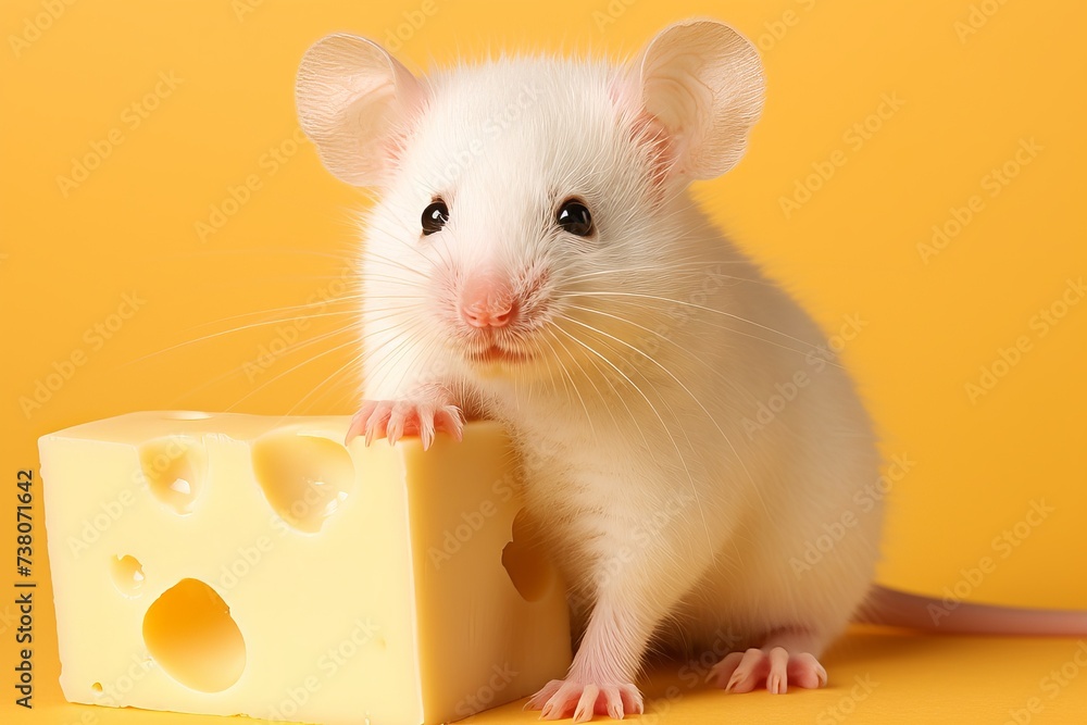 Fototapeta premium White mouse holding cheese on yellow background - ideal for animal lovers and cheese enthusiasts