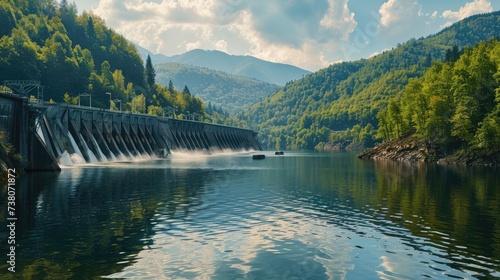 The steady flow of water from the hydroelectric dam combines with the serene beauty of the forested mountains.