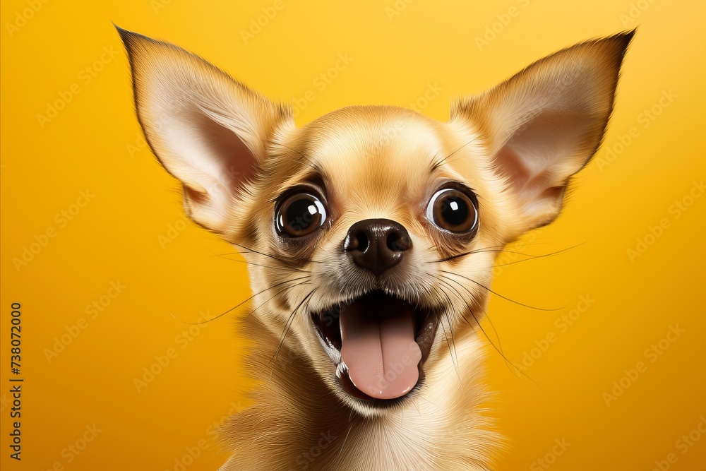 Surprised dog looking astonished and impressed while standing on a vibrant yellow background