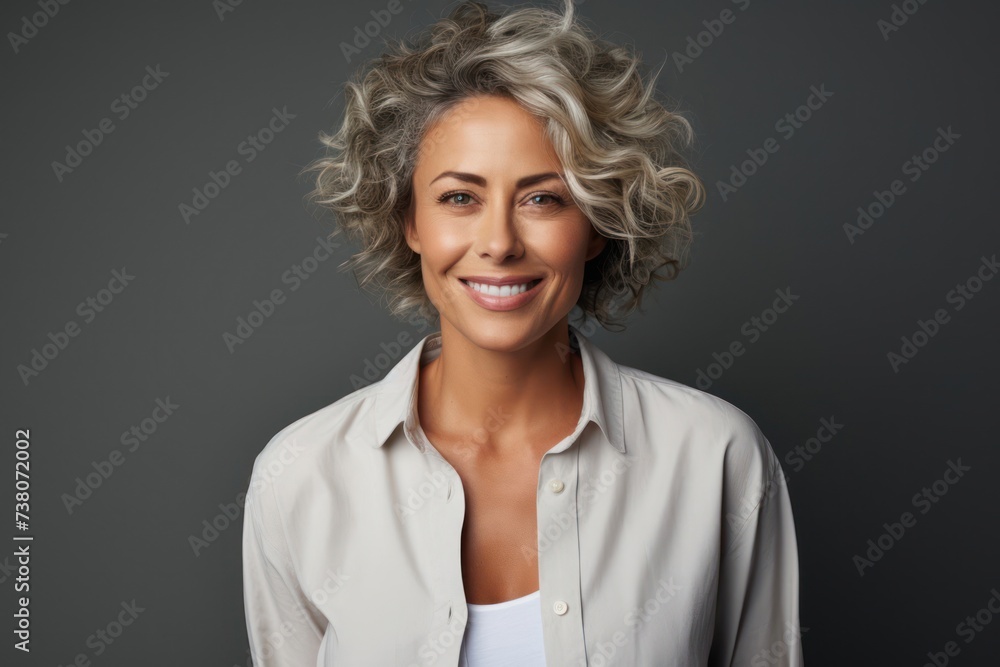 Smiling Middle-Aged Woman With Grey Hair Generative AI Smiling Middle-Aged Woman With Grey Hair Generative AI