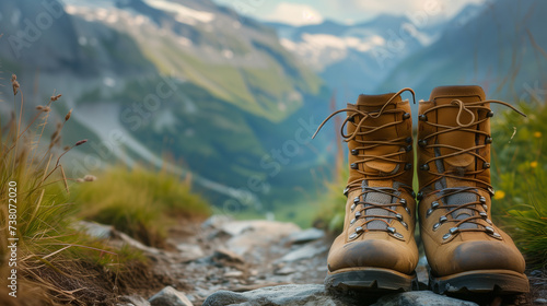 A pair of sturdy hiking boots put on a rocky trail with a picturesque mountain valley in the background, ready for an adventure.