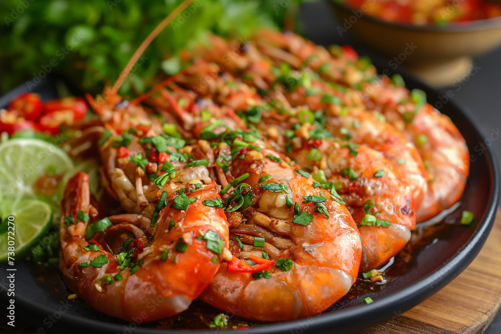 Shrimp and paella cooking in a pan, with delicious seafood and vegetable ingredients Shrimp and paella cooking in a pan, with delicious seafood and vegetable ingredients