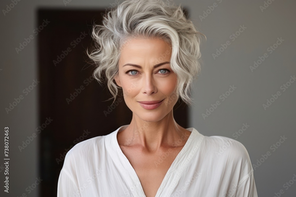 Obraz na plátně Middle-aged Woman With Grey Hair Wearing White Shirt Generative AI