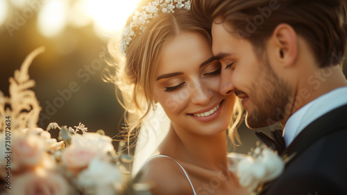 Under the enchanting glow of the golden hour, the intimate connection between the bride and groom resonated deeply, leaving an indelible mark on their wedding day. photo