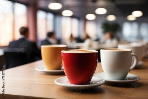 coffee or tea at the table, office meeting atmosphere, background