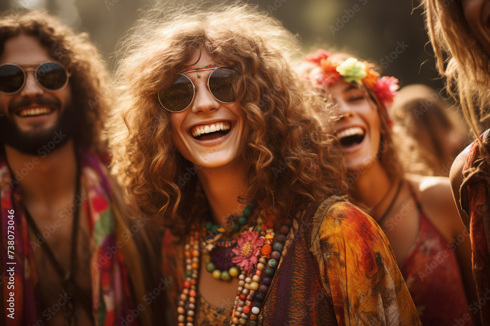 Funny happy hippie best friends on festival concert retro party event nature Generative AI