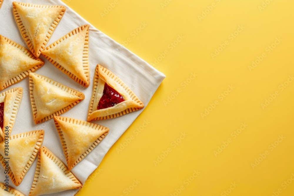 hamantaschen cookies with jam lie on a white linen napkin on the yellow color background, minimalism, copy space. Concept: traditional dishes and Purim holiday. - obrazy, fototapety, plakaty 