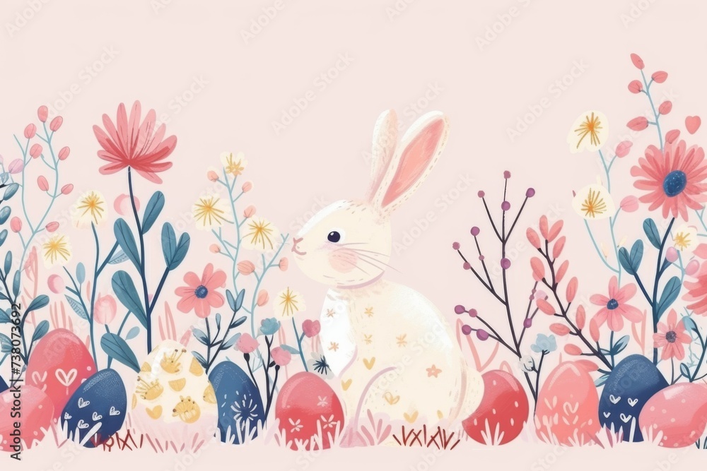 Happy Easter. Bunnies, eggs and flowers. Modern style design, pastel colors - obrazy, fototapety, plakaty 