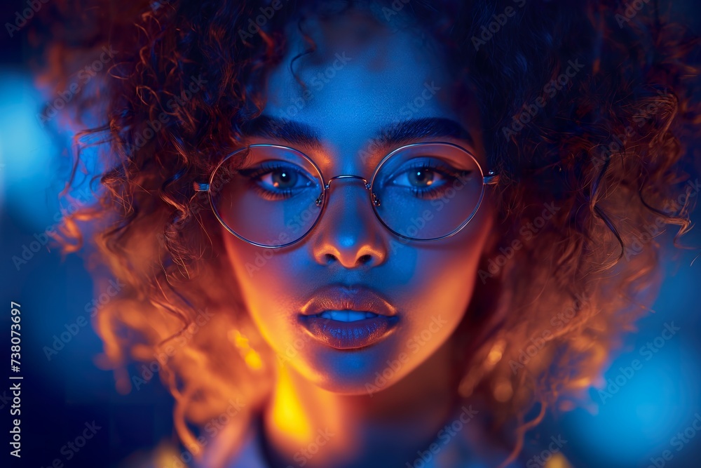 A woman wearing glasses stands against a blue background. A woman wearing glasses stands against a blue background.