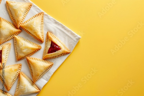 hamantaschen cookies with jam lie on a white linen napkin on the yellow color background, minimalism, copy space. Concept: traditional dishes and Purim holiday. photo