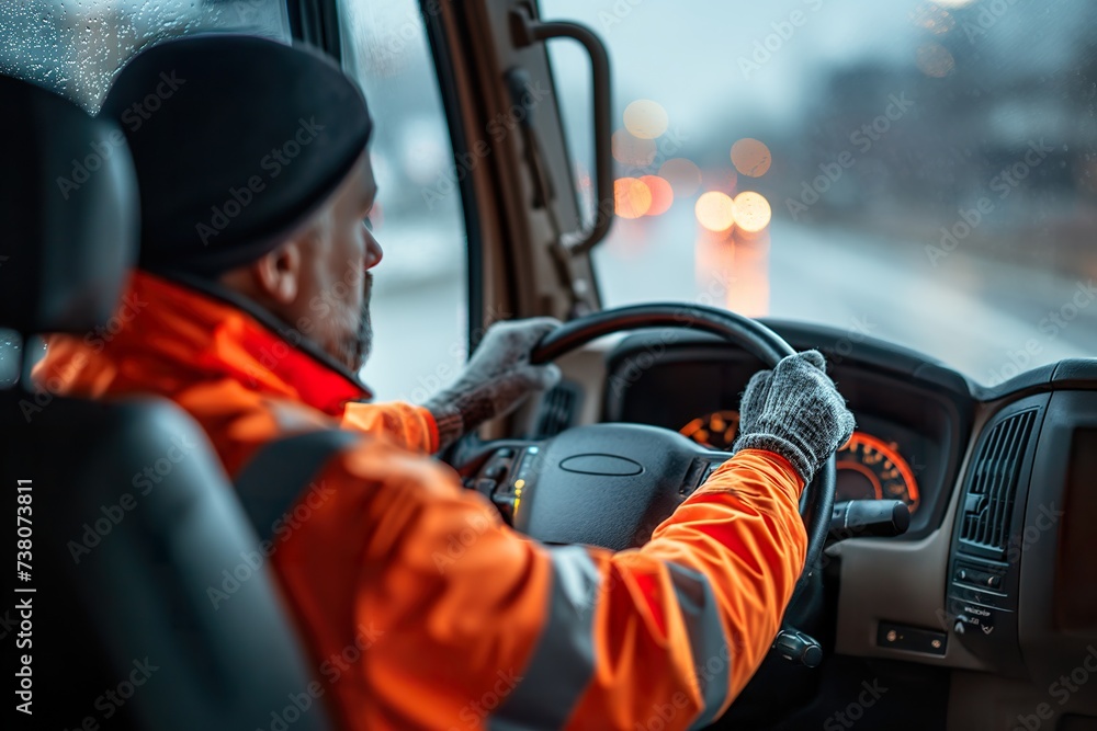 A truck driver wearing an orange jacket is seen behind the steering wheel in the car cabin. A truck driver wearing an orange jacket is seen behind the steering wheel in the car cabin.