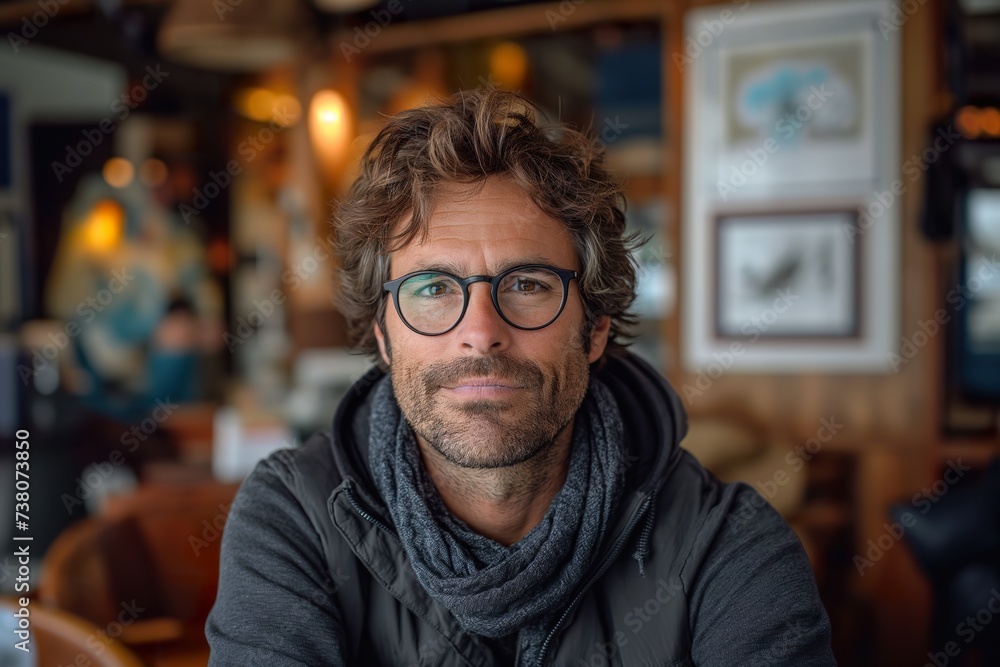 A man wearing glasses sits at a table, holding a conversation or engaging in work. A man wearing glasses sits at a table, holding a conversation or engaging in work.