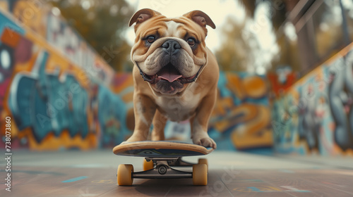 A playful English bulldog riding a skateboard showcases its cool attitude against a colorful urban graffiti backdrop, displaying a playful and spirited side. © NaphakStudio