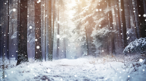 Low angle winter forest landscape blurry background with snow trees and snowfall  © oldwar