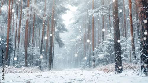 Low angle winter forest landscape blurry background with snow trees and snowfall 