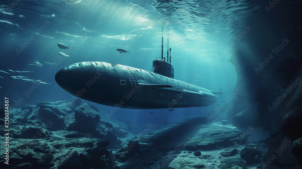 Military submarine diving underwater
Military submarine diving underwater