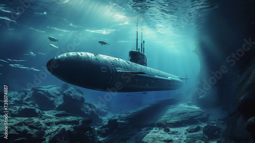 Military submarine diving underwater 