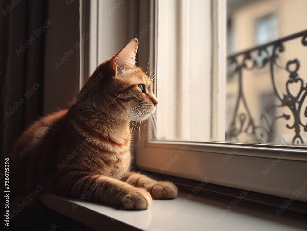 An affectionate cat sitting on a window sill, looking out at the world with curiosity - obrazy, fototapety, plakaty 