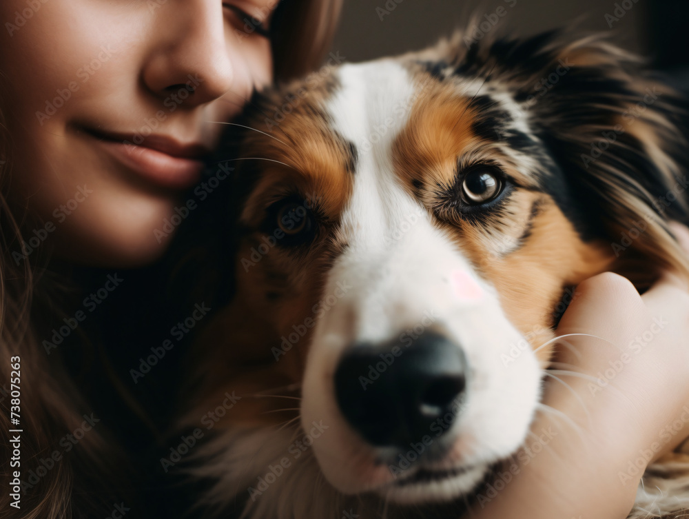 A close-up of a person cuddling with their adorable dog or cat